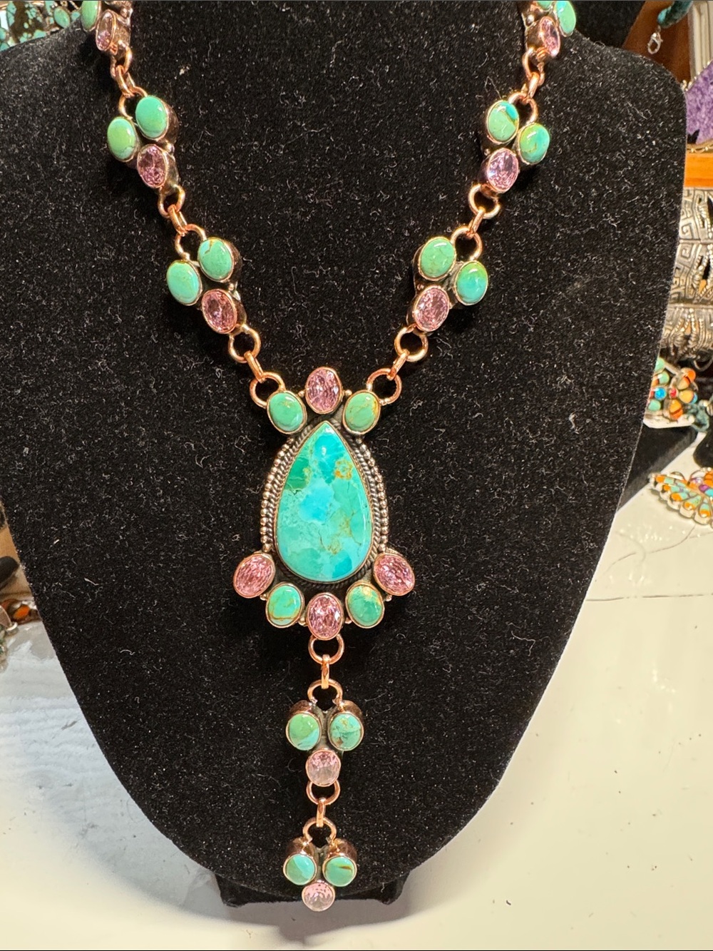 Turquoise Teardrop Copper Pendant Necklace with Pink Quartz Accents